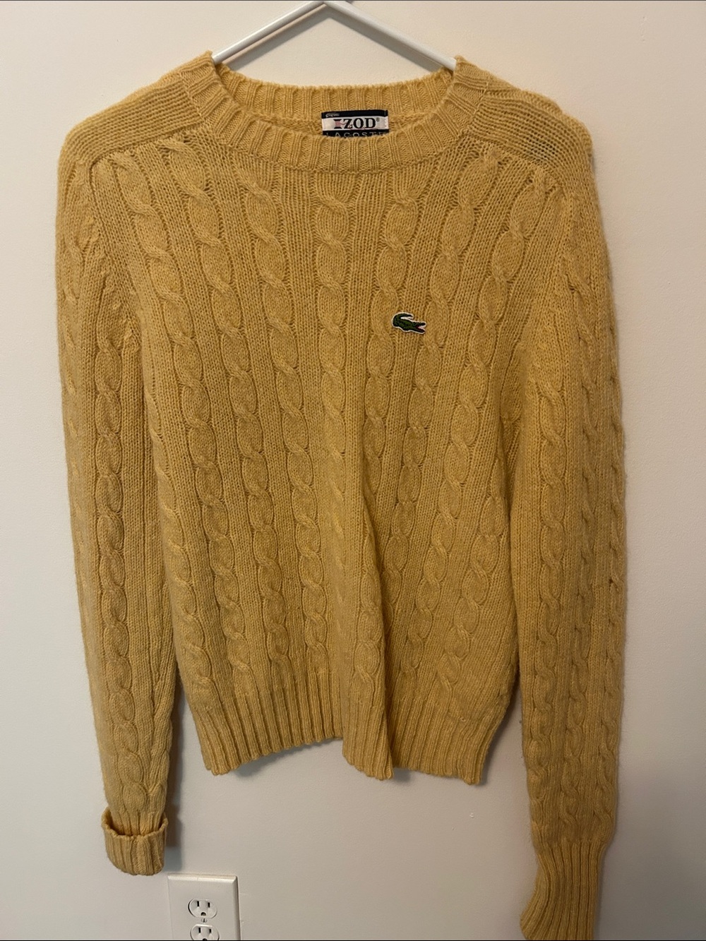 Vintage Izod Lacoste wool  Men's Cable Knit Crewneck Sweater - Mustard size lar